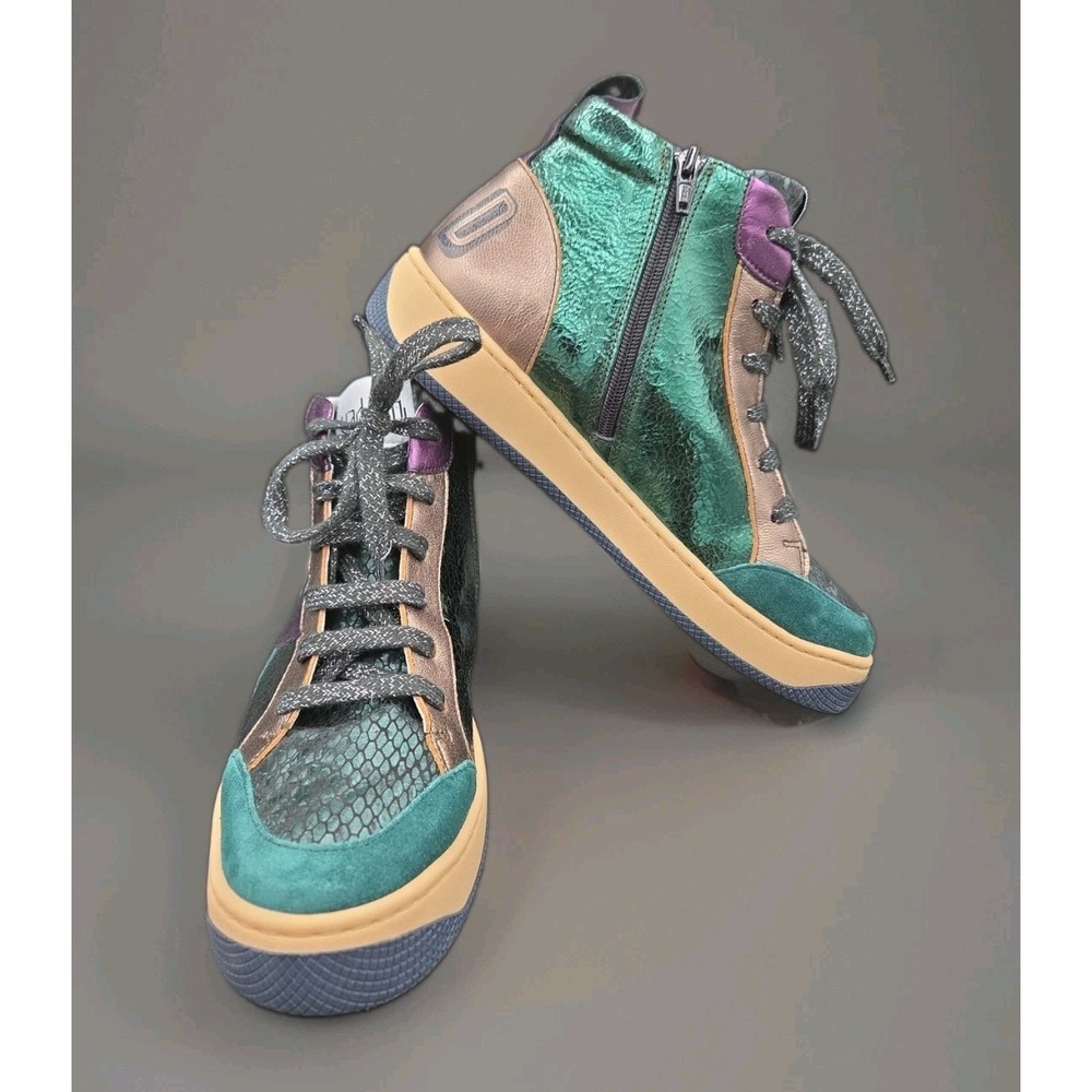Vaddia Felix High Top Sneakers Green Metallic Snakeskin Suede EU 40 US 9